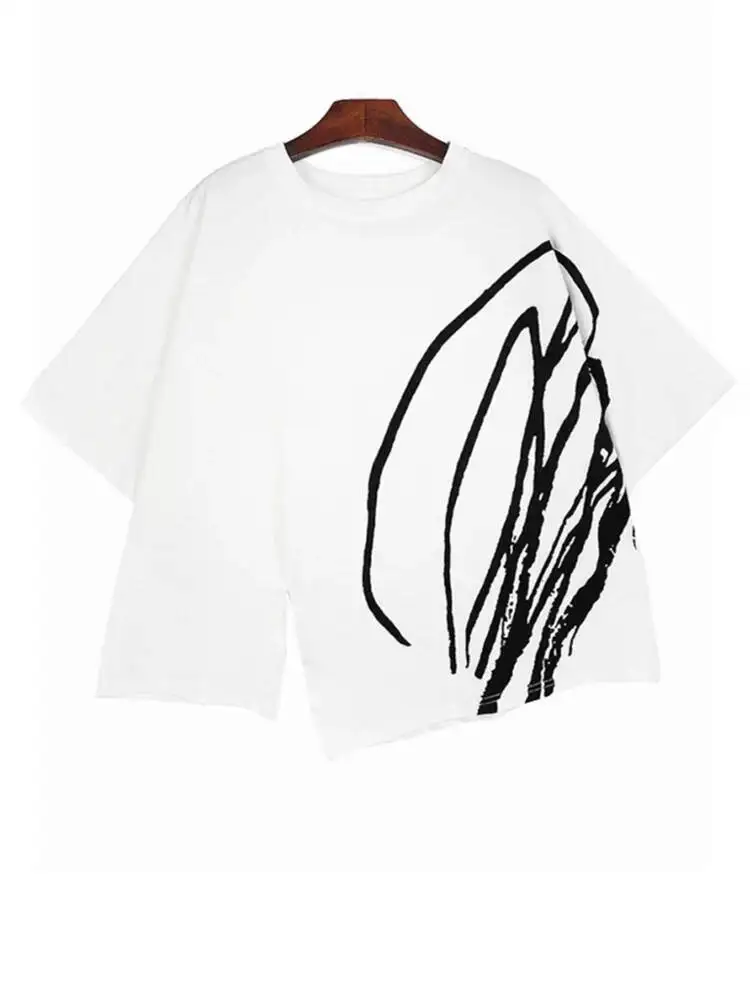 Irregular Women Black Printed Hem Big Size Casual T-shirt New Round Neck Short Sleeve Fashion Spring Summer 2026 1DVG