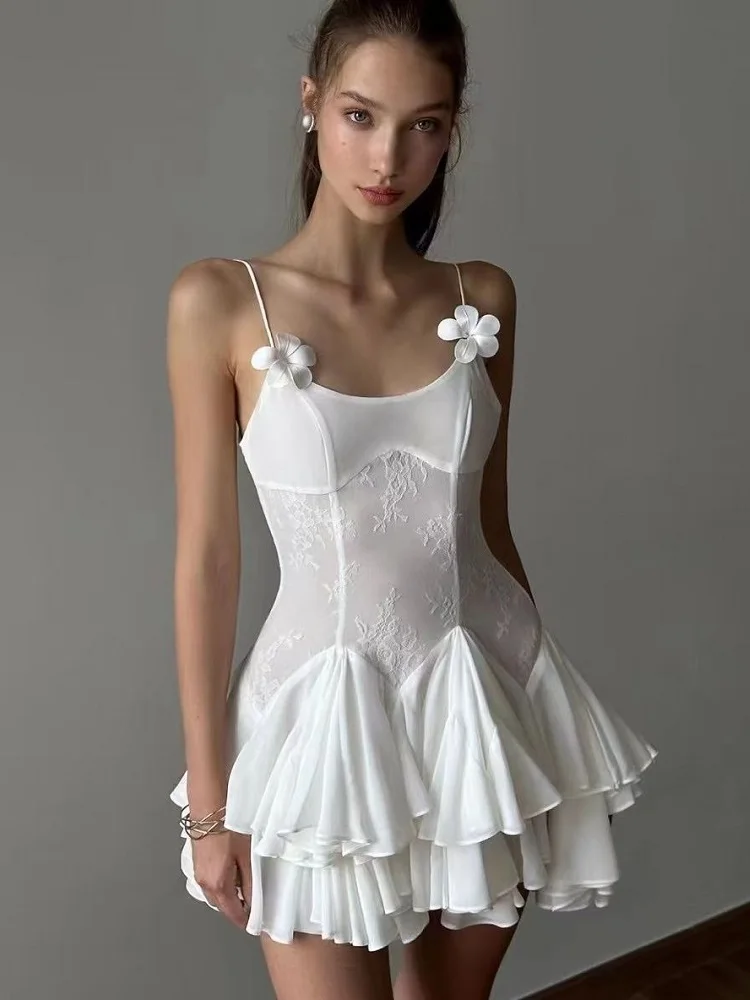 

2024 New Fashion Design Of New Black And White Slim Perspective Sexy Sling Ruffled Skirt Dress