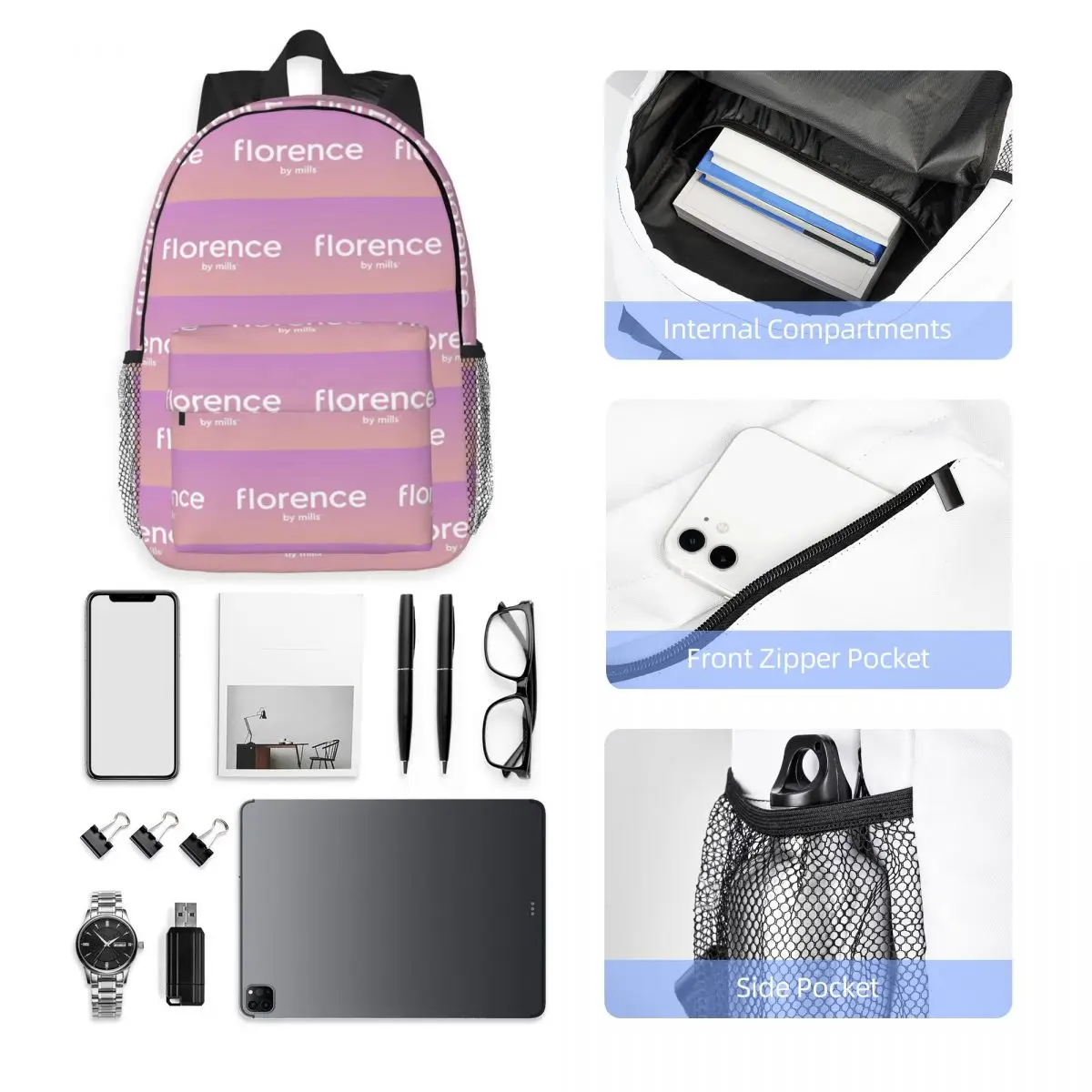 Florence By Mills Backpack Student Boys Girls BookBag Men Women School Bag Laptop Shoulder Bags