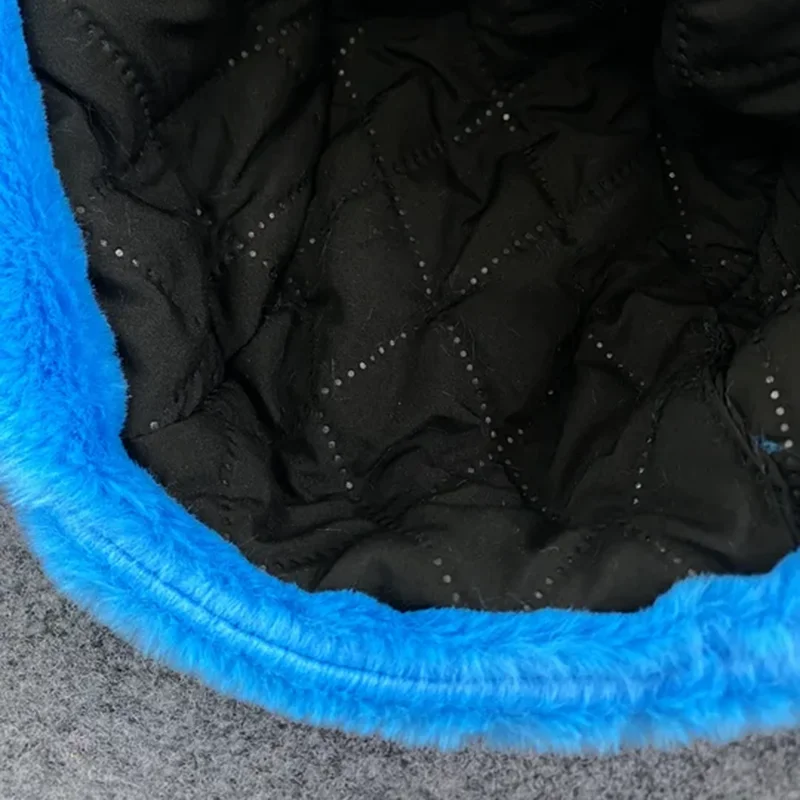 Outdoor Autumn Winter Blue Bear Face Cartoon Embroidery Warm Windproof Double Layer Cotton Lei Feng Hat with Ear Protection