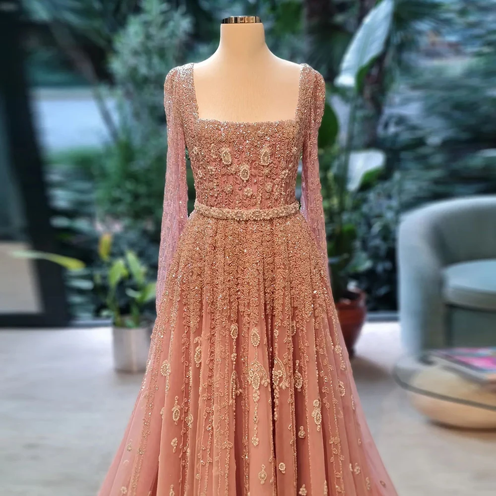 Sharon Said Luxuriöses Flieder-Champagner-Abendkleid mit Quadratischem Ausschnitt und Ärmeln, Rosa Muslimisches Abendkleid für Hochzeitsfeier, SS494 Maßanfertigung – Detail 6