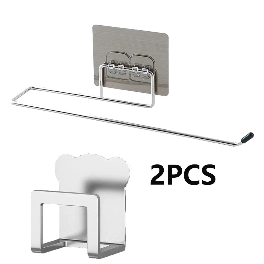2PCS Kitchen Bathroom Roll Paper Towel Holder Drilling Free Wall Hook Type Stainless Steel Storage Hooks Rack Toilet Accessories
