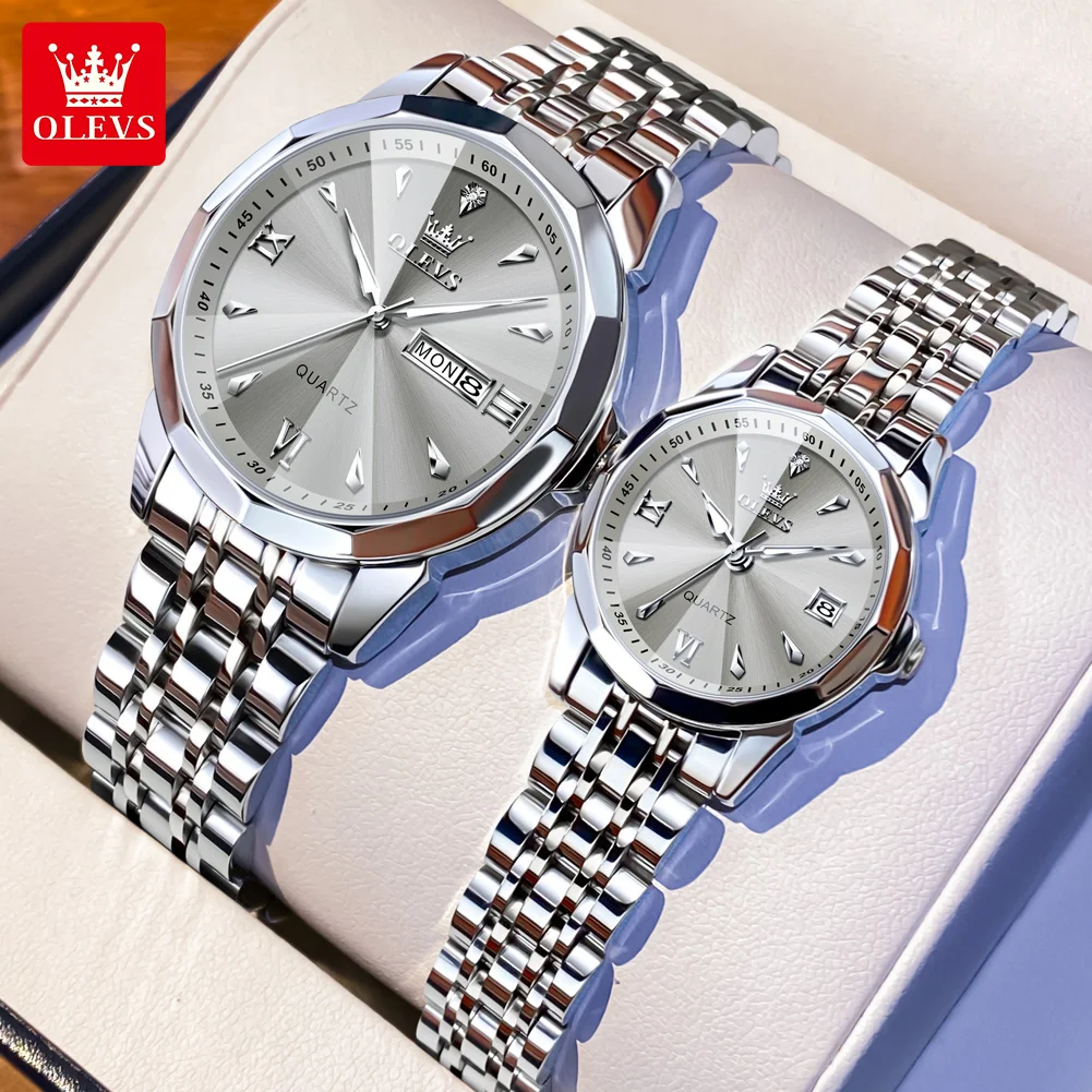 OLEVS Brand Fashion Quartz Couple Watches Date Calendar Waterproof Watch For Men Women Rhombus Mirror Stainless Steel Watch