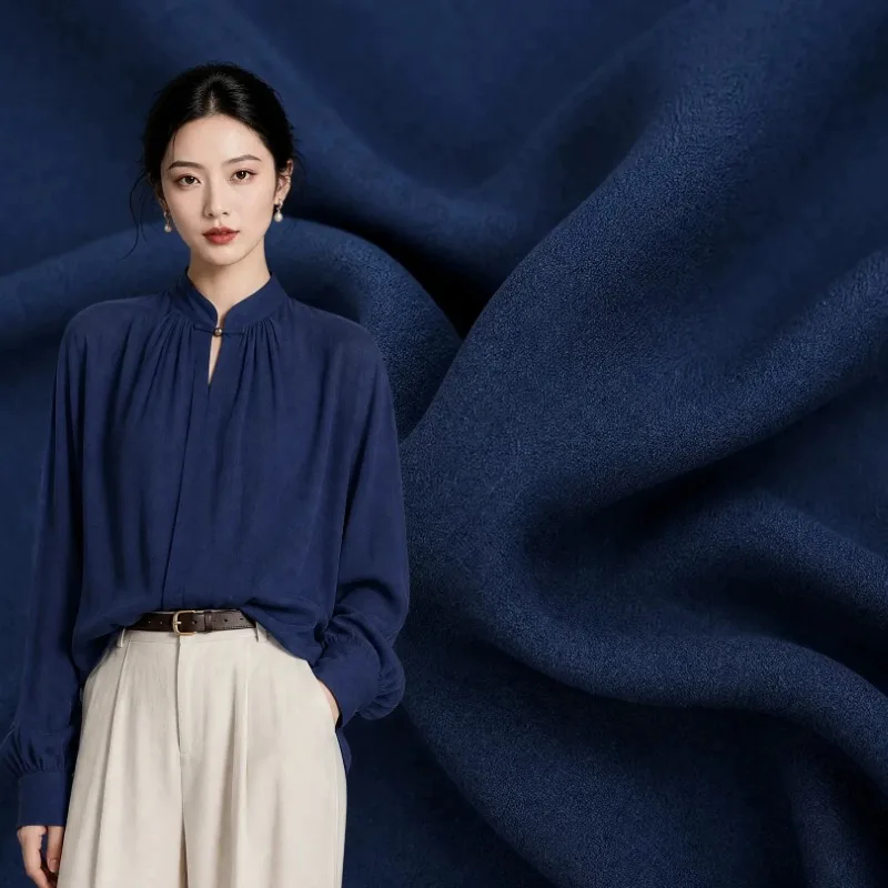 Premium Sandwashed Linen Satin Fabric Deep Blue Solid Drapey Soft for Shirt Suit Pants Dress Hanfu DIY Sewing Accessories