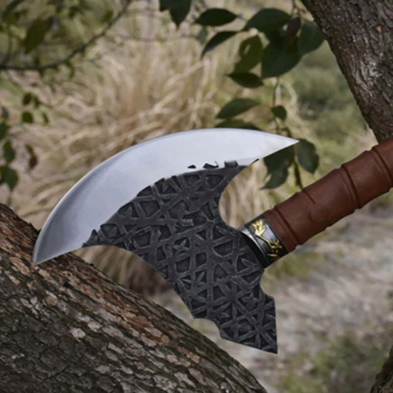 Traditional handmade axe butcher cow hoof bone cutting art wooden handle outdoor durable sharp battle axe