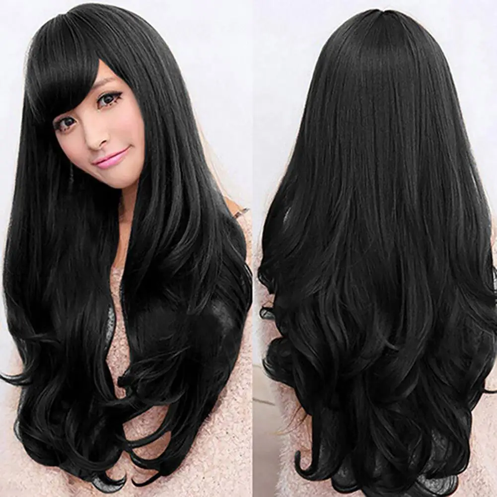 Perruque ondulée longue bouclée avec frange pour femme, cheveux de fête cosplay, perruques Lolita avec frange, marron, irritant, populaire, 65cm