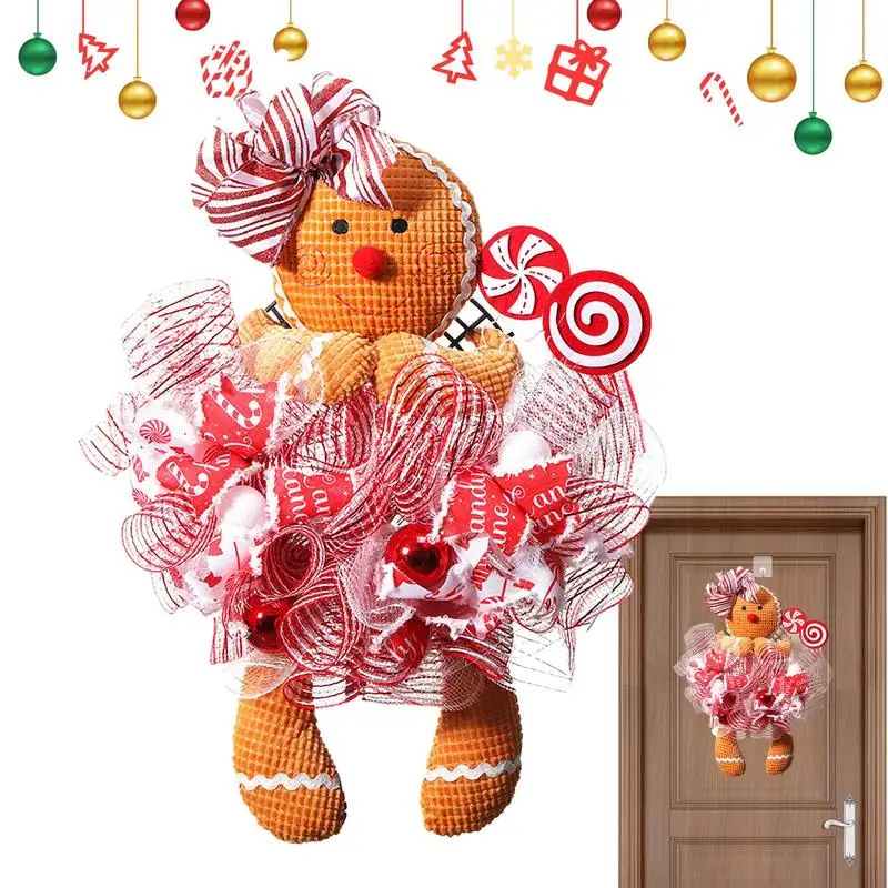 Corona de muñeco de pan de jengibre de Navidad, guirnaldas de bienvenida brillantes, puerta decorativa de Color rosa, atractiva