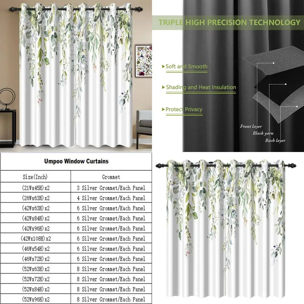 

Elegant Watercolor Eucalyptus Leaves Curtains, 52x96 Inches, for Modern Living Spaces
