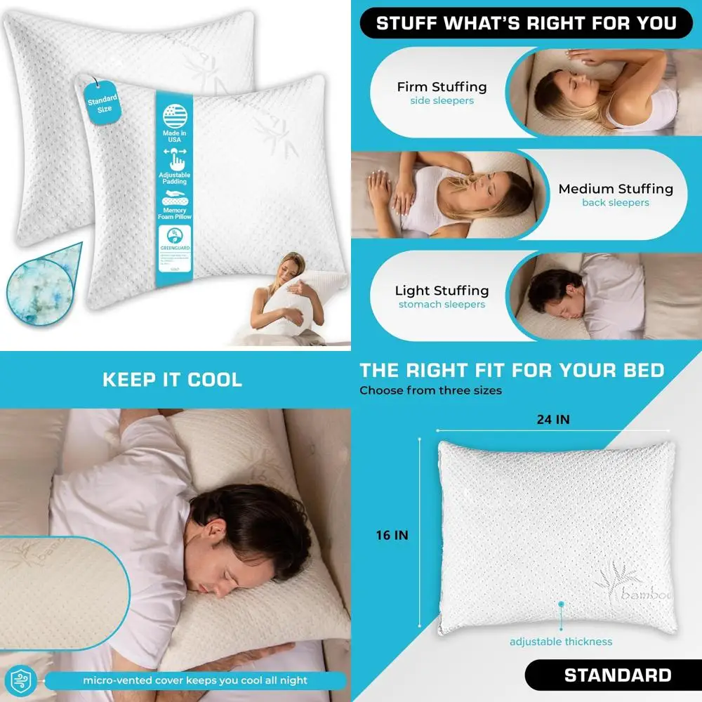 

Xtreme Comforts Sleep Pillows - 2 Pack Adjustable Memory Foam with Removable Cooling Covers