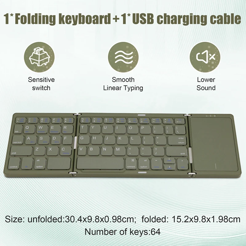 BO89T Bluetooth Wireless Folding Keyboard with Trackpad Rechargeable Mini Trifold Keyboard for IOS and-ABAM
