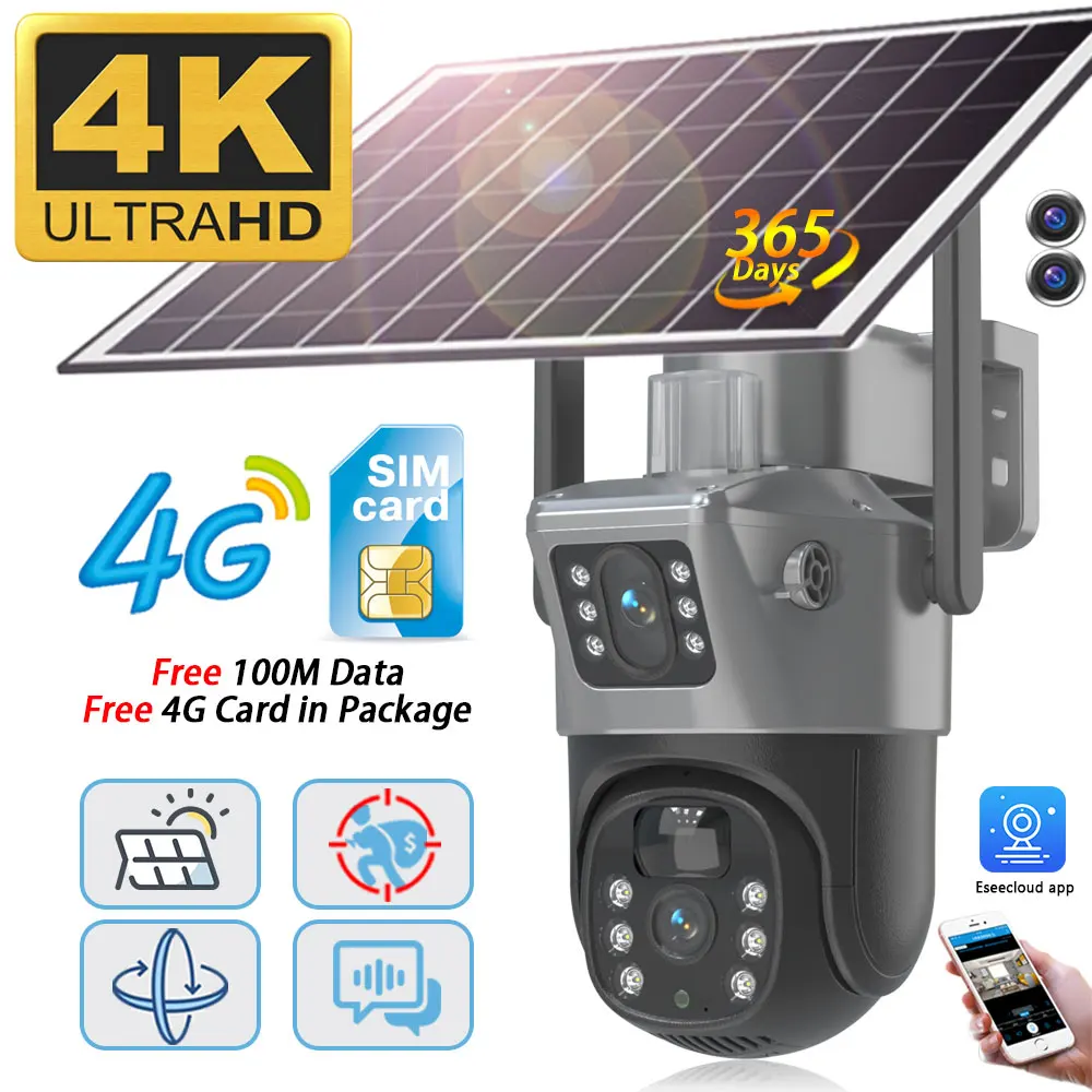 8MP Wireless PTZ Solar IP Camera 4G SIM With Solar Panel Two Way Audio Outdoor Security Protection CCTV Camera Battery Cameras