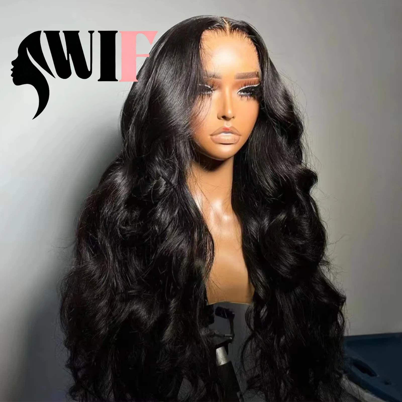 WIF Body Wavy Black Long Hair Synthetic 13x4 Lace Wig Natural Hairline Water Wave Lace Wigs for Women Makeup Daily Use