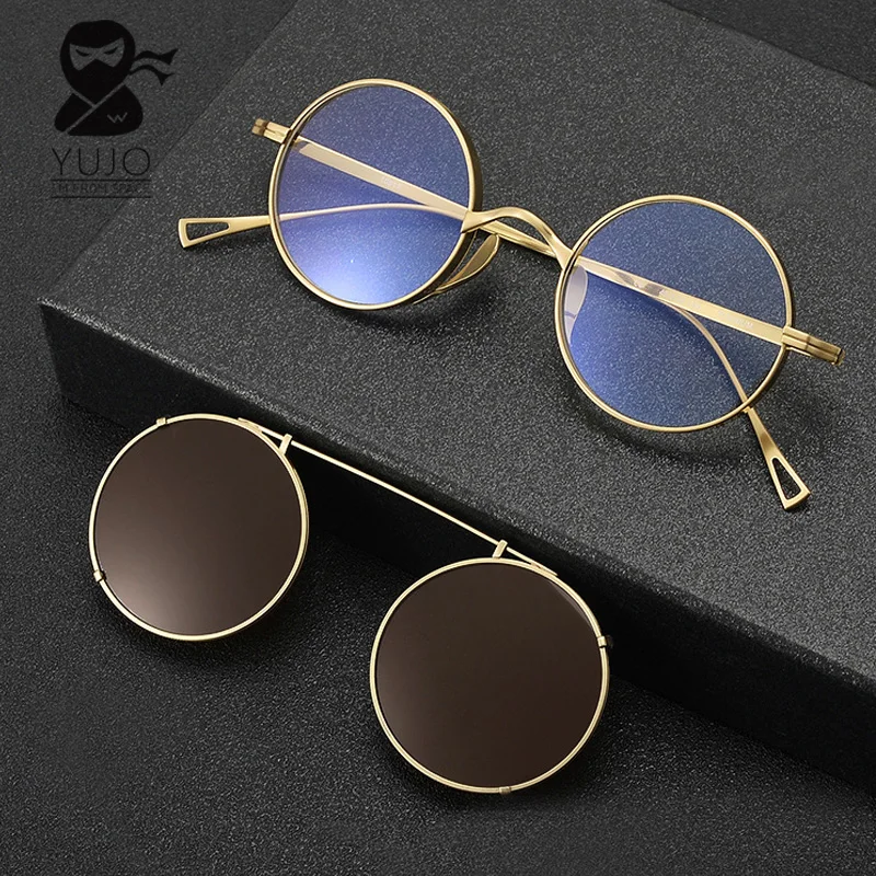 

Vintage ultra light pure titanium circular prescription optical eyeglass frame+UV400 polarized light clip sunglasses