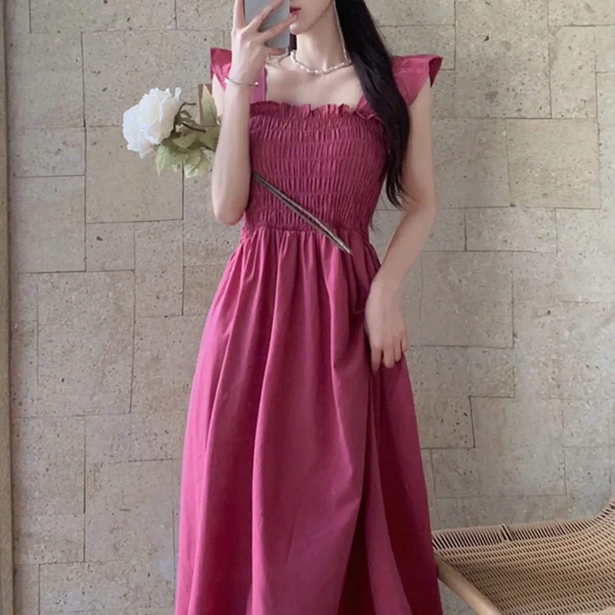 

2025 Summer Korean Style Sweet Elegant Solid Long Skirt For Women Fashion Square Neck Long Dresses For Women Maxi Dress