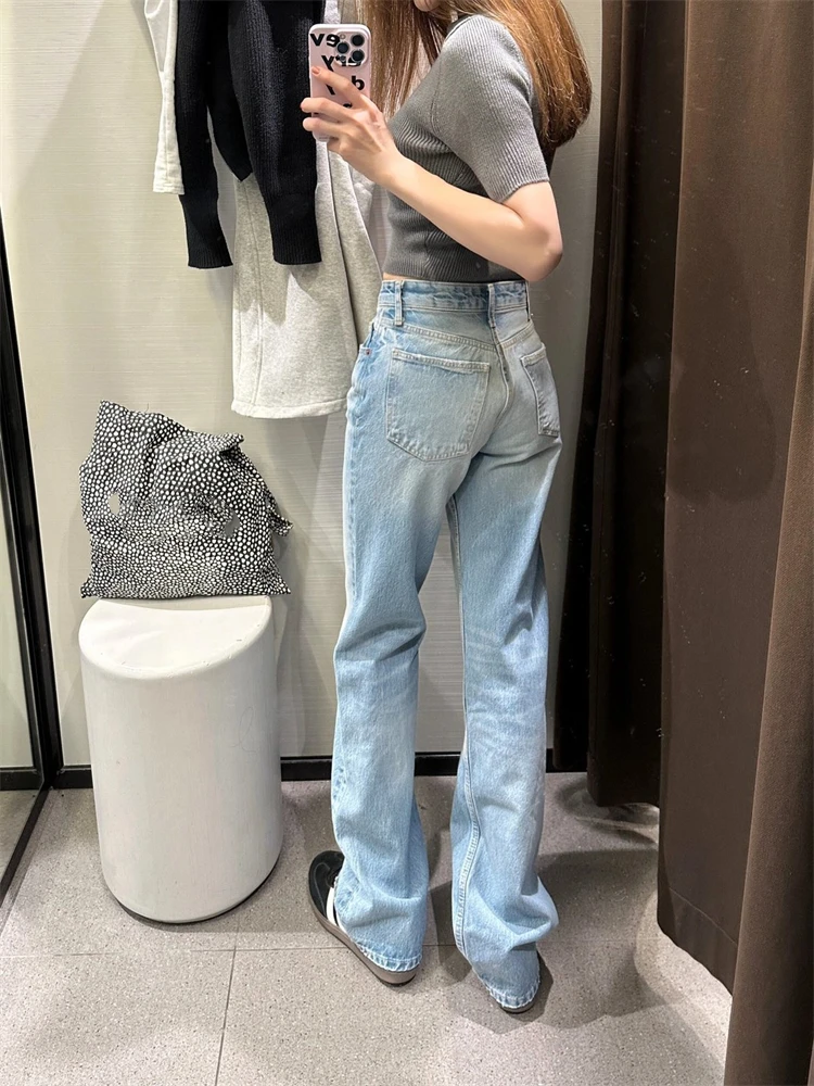 

Женские светло-голубые прямые повседневные джинсы, осенние брюки в стиле ретро для девочек, женские винтажные брюки с широкими штанинами и высокой талией