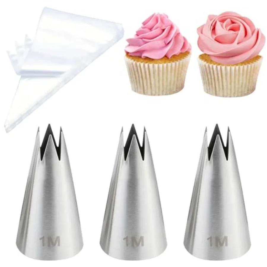 Large 1M Open Star Stains Steel Ping Ts, 3 Pieces 20 Disable Ping Bags, Cake Decorating, Cupcakes Icing and Frosting