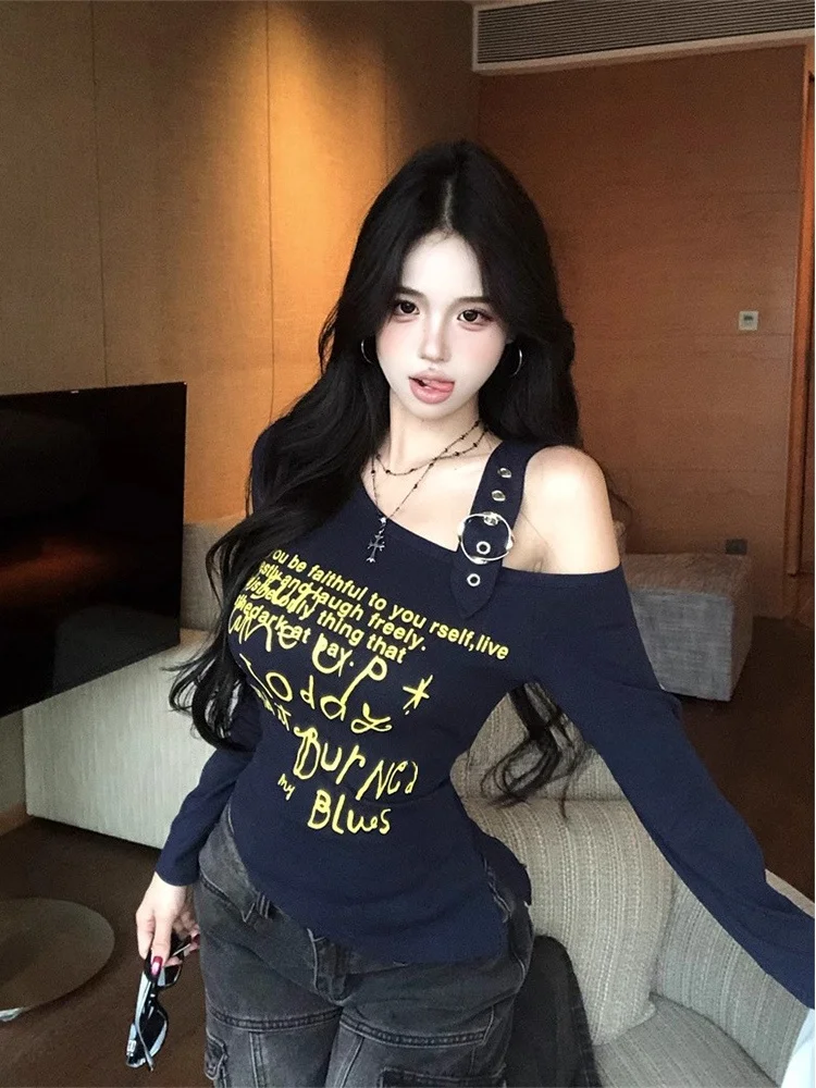 

loween Y2K Millennium Spicy Girl Print Asymmetrical oulder Long Sve T-irt Women's Design Sensation Waist Cinching S...