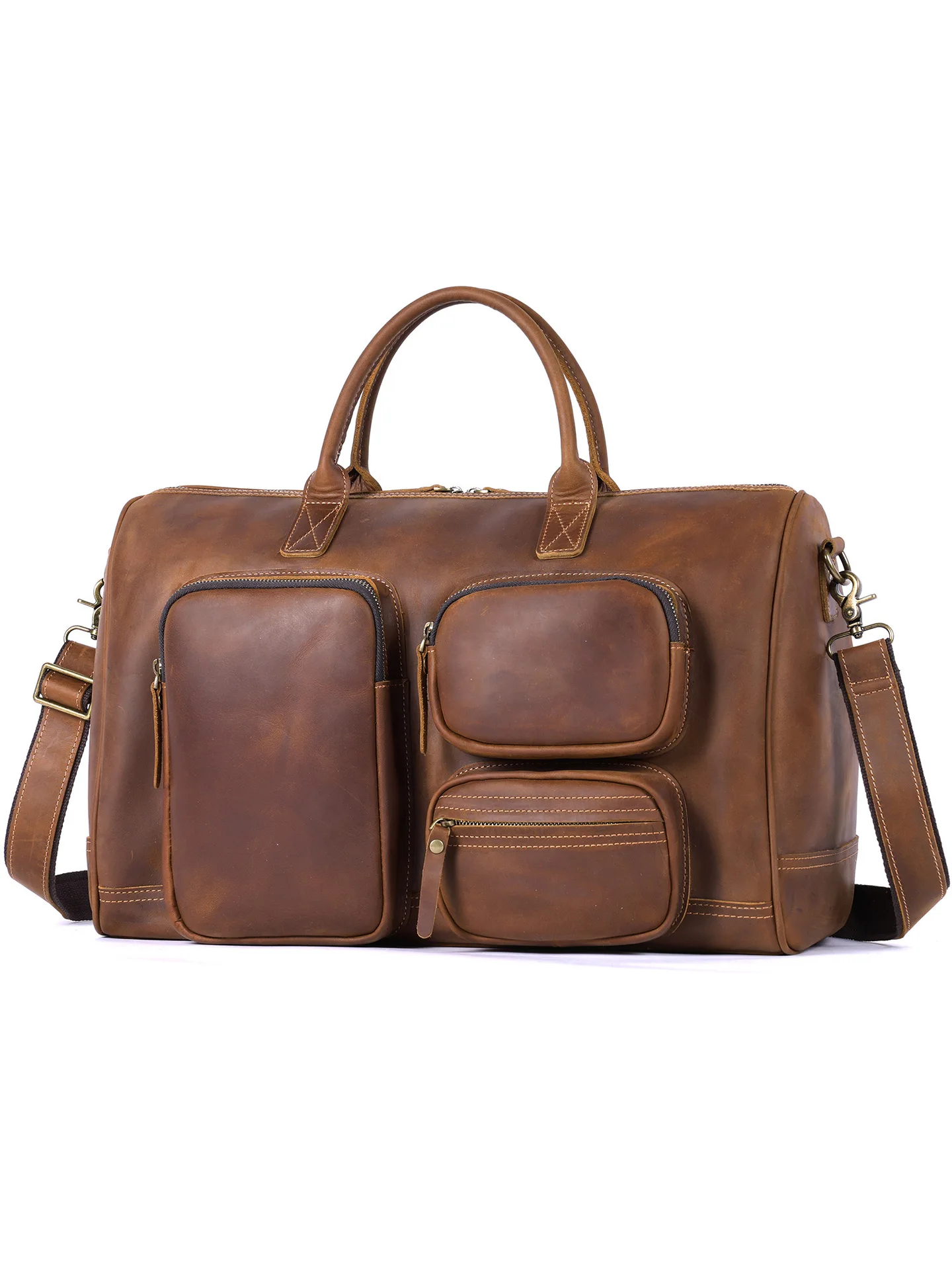 PNDME vintage luxury crazy horse cowhide men's large-capacity travel bag outdoor fitness handmade genuine leather big handbag