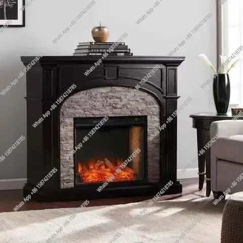 

Винтажный американский каминный портал в стиле кантри с каменной отделкой и художественной резьбой