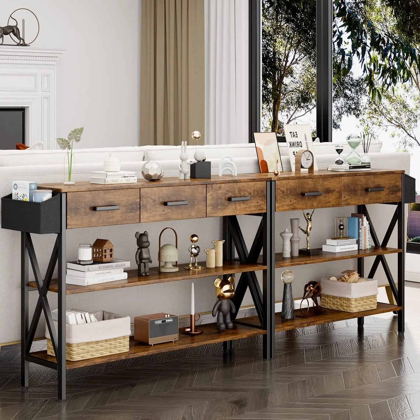 Umail Furniture 47" Console Table with 3 Drawers, Industrial Entryway Table with 3 Tier Storage Shelves