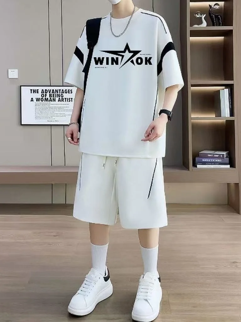 Conjunto Casual Esportivo de Manga Curta para Homens, Tendência de Verão, Tamanho Grande, Estilo Coreano Versátil, Conjunto C...