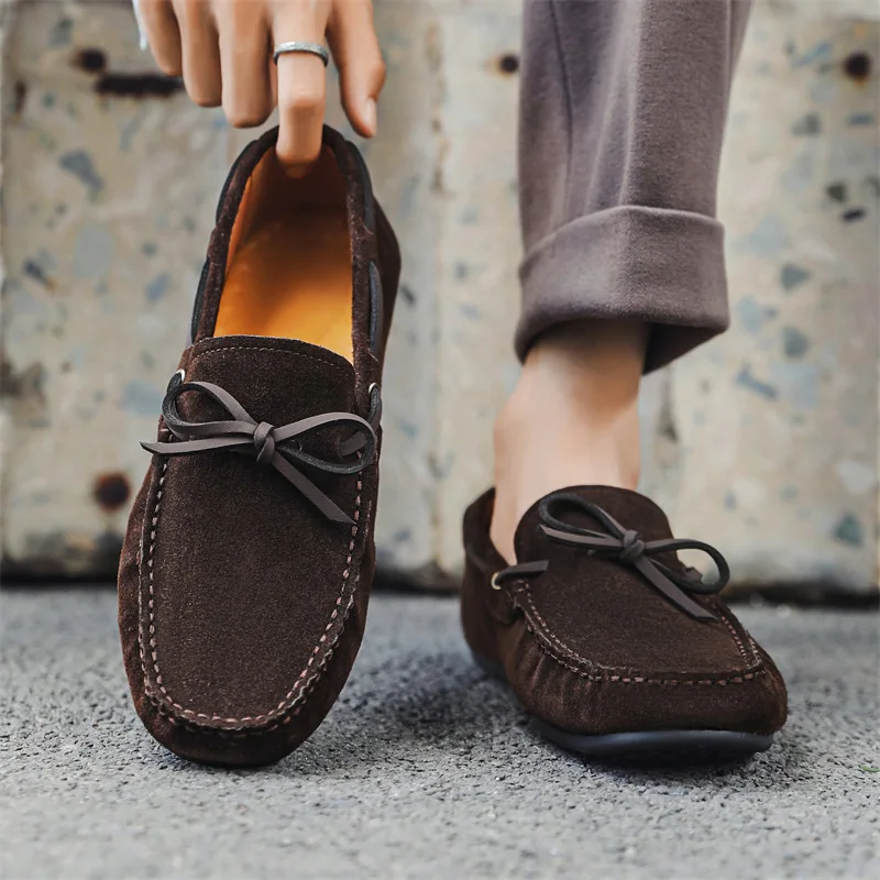 Korean style mens casual cow suede leather shoes slip-on tassels driving shoe black brown breathable flats loafers mans footwear image 2
