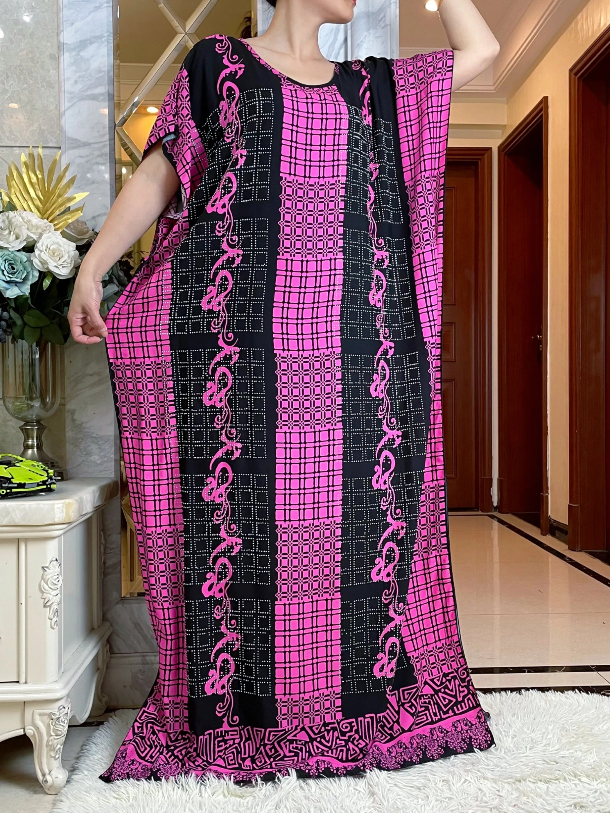 2024 New African Abaya Lady Short Sleeve Dress With Big Lace Scarf Cotton Printing Diamonds Maxi Islam Women Summer Loose Robe