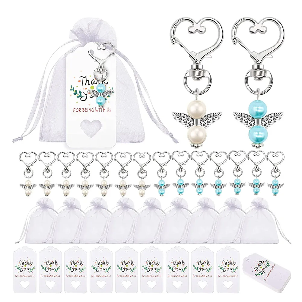 

20 Sets Wedding Gift Box Decor Set Metal Guardian Angel Keychain Pendant Organza Bag Tag Suit For Birthday Party Guest Gifts