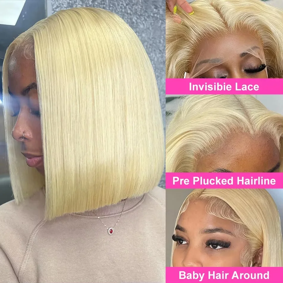 Perruque Bob Lisse en Cheveux Humains Blond Miel 613, Lace Frontale 13x4 Pré-Pluckée, Densité 200, Pour Femmes, Usage Quotidien
