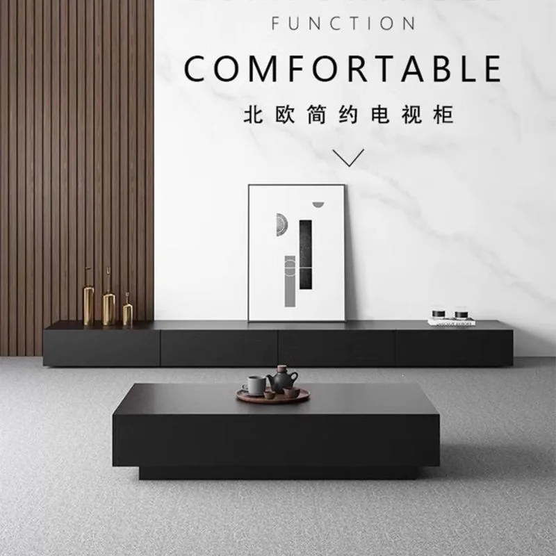Light Luxury High-End Black Solid Wood Floor TV Cabinet, Modern Simple Coffee Table Combo for Living Room Home