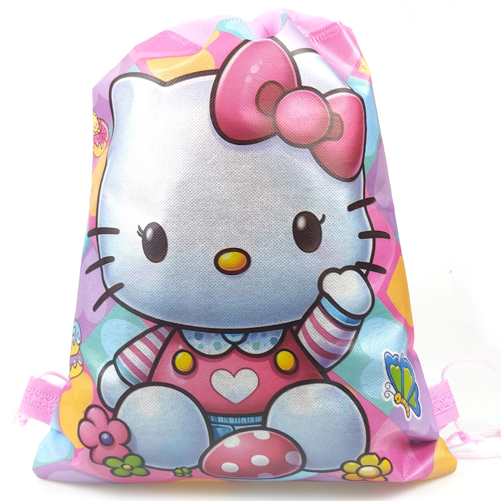 12 pz/lotto Hello Kitty Tema Buon Compleanno Festa Tessuti Non tessuti Mochila Decorazioni Con Coulisse Regali Eventi Borse