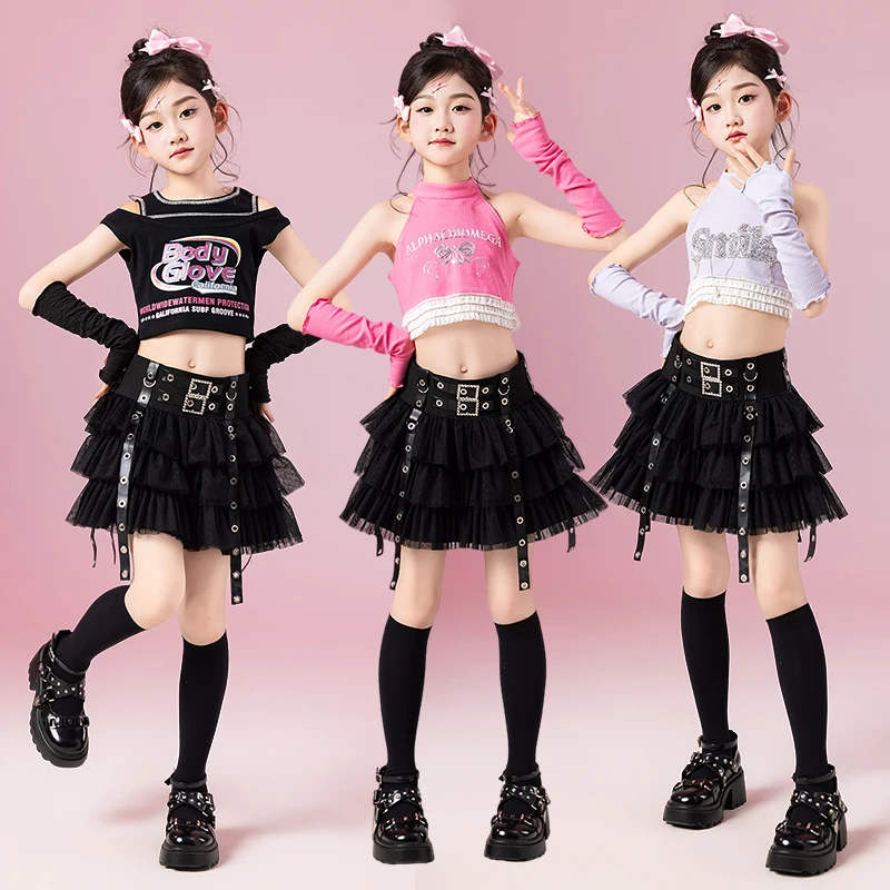 

2025 Jazz Dance Outfit Children Stage Costume Pink Top Mesh Black Skirt Fashion Runways Show Outfit Girls Kpop Dance Wear 3728