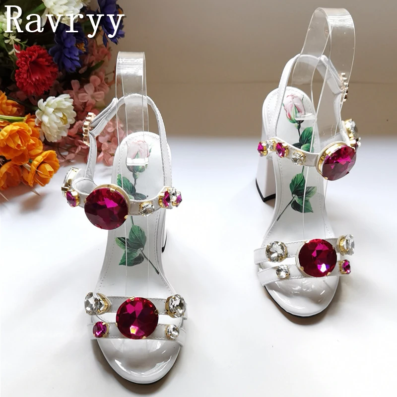 Luxury Gemstone Chunky Heel Sandals Women Summer New Arrival Round Toe Rhinestones Ankle Buckle High Heel Party Dress Shoes