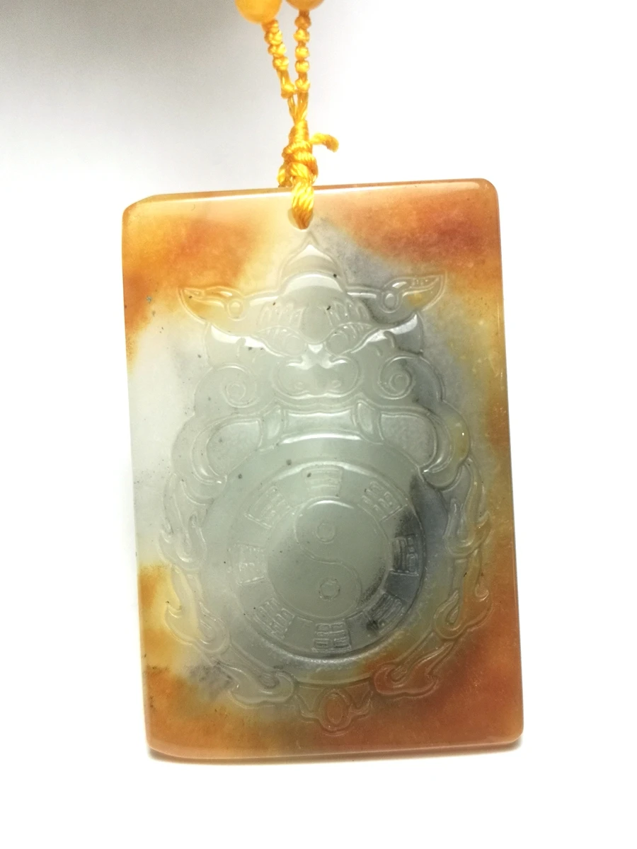 

YIZHU CULTUER ART 100% Natural Hand-carved Chinese Jade Necklace Pendant Kylin Lion Eight diagrams Wonderful Gift