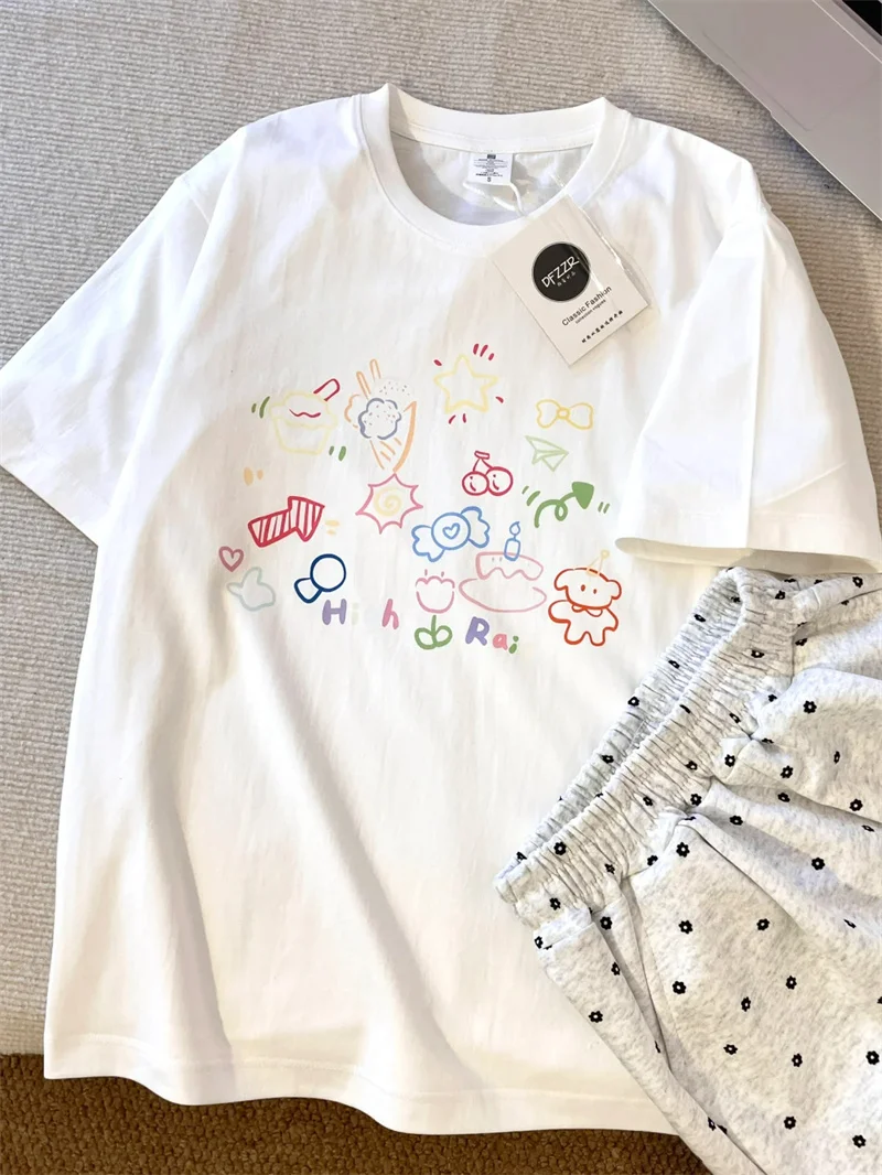 

Sweet Minimalist Japanese Style Soft Pure Cotton Short Sleeve T-Shirt Women's Summer New Cartoon Anti-aging Print Top
