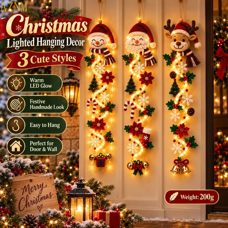Weihnachtshängedekoration mit warmen LED-Lichtern, Schneemann, Weihnachtsmann, Rentier, 6 verschiedene Modelle, festliche Tür- und Wanddekoration, Weihnachts- und Partydekoration für zu Hause.