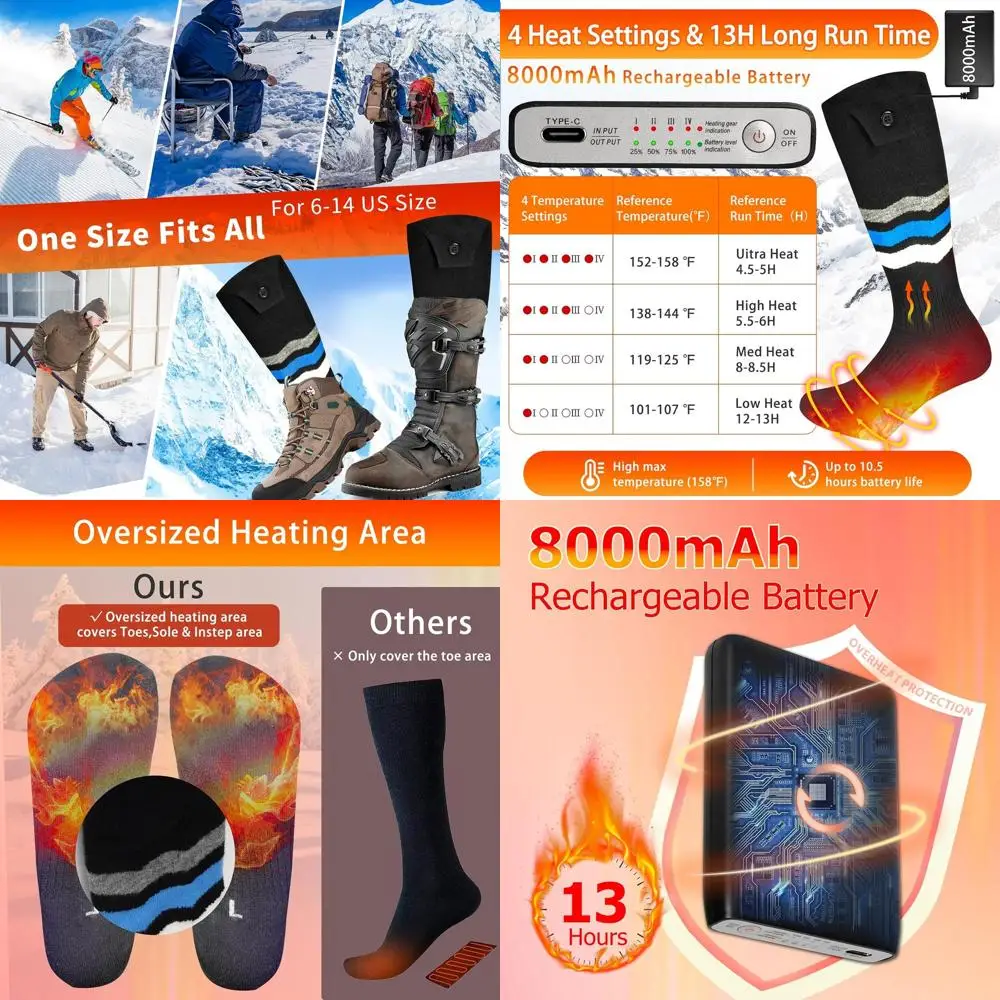 

Носки с подогревом 8000 мАч для мужчин и женщин, управление через приложение, 13 часов, перезаряжаемые электрические носки на батарейках, моющиеся термоноски для