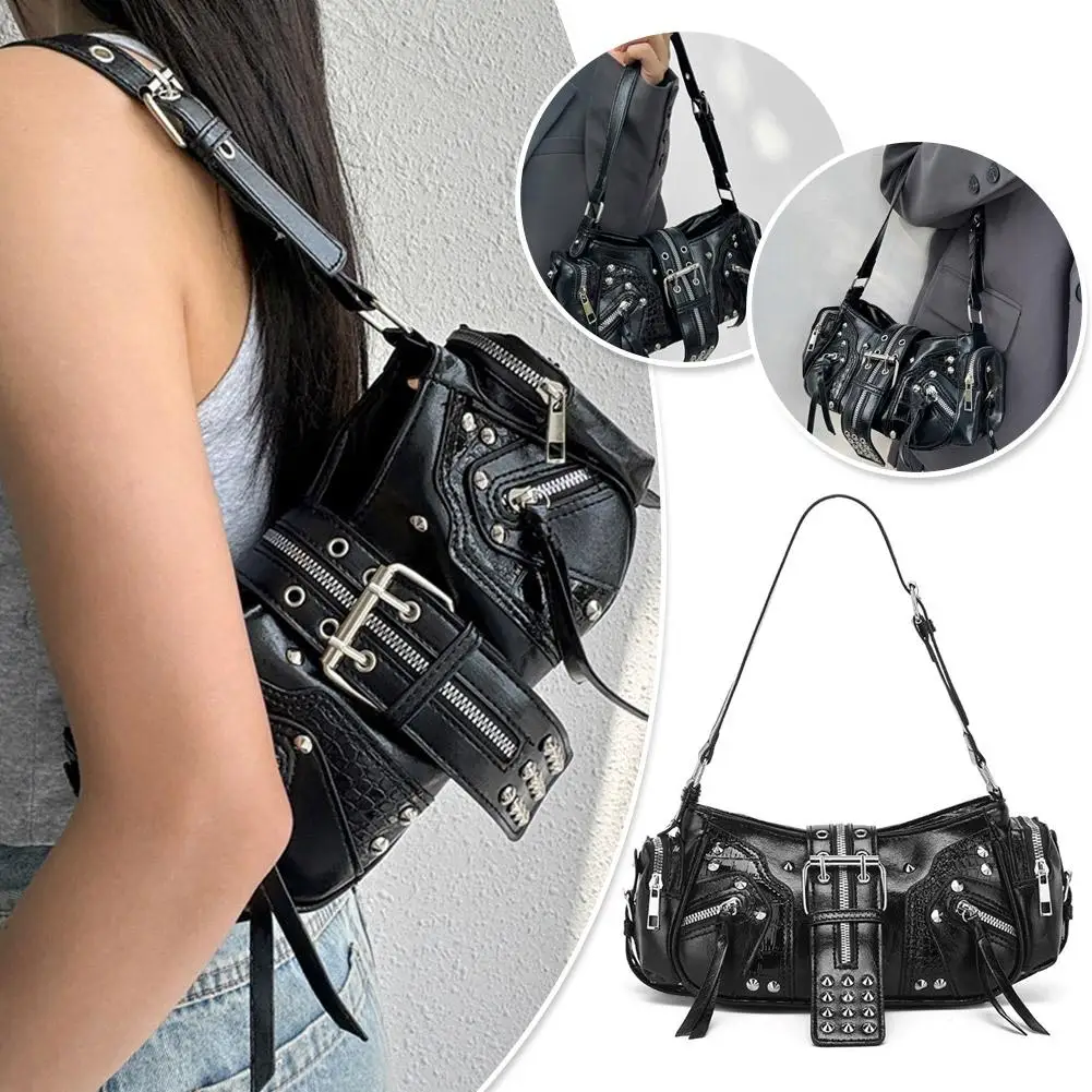 Women Y2k Punk Shoulder Bag Vintage Black PU Leather Rivet Handbag Gothic Motorcycle Crossbody Purse Spicy Girl Tote
