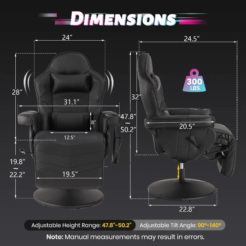 Game Reclining Chair with Adjustable Height, PU Gaming Chair with Massage, Long Footrest and Lumbar Support, High Back