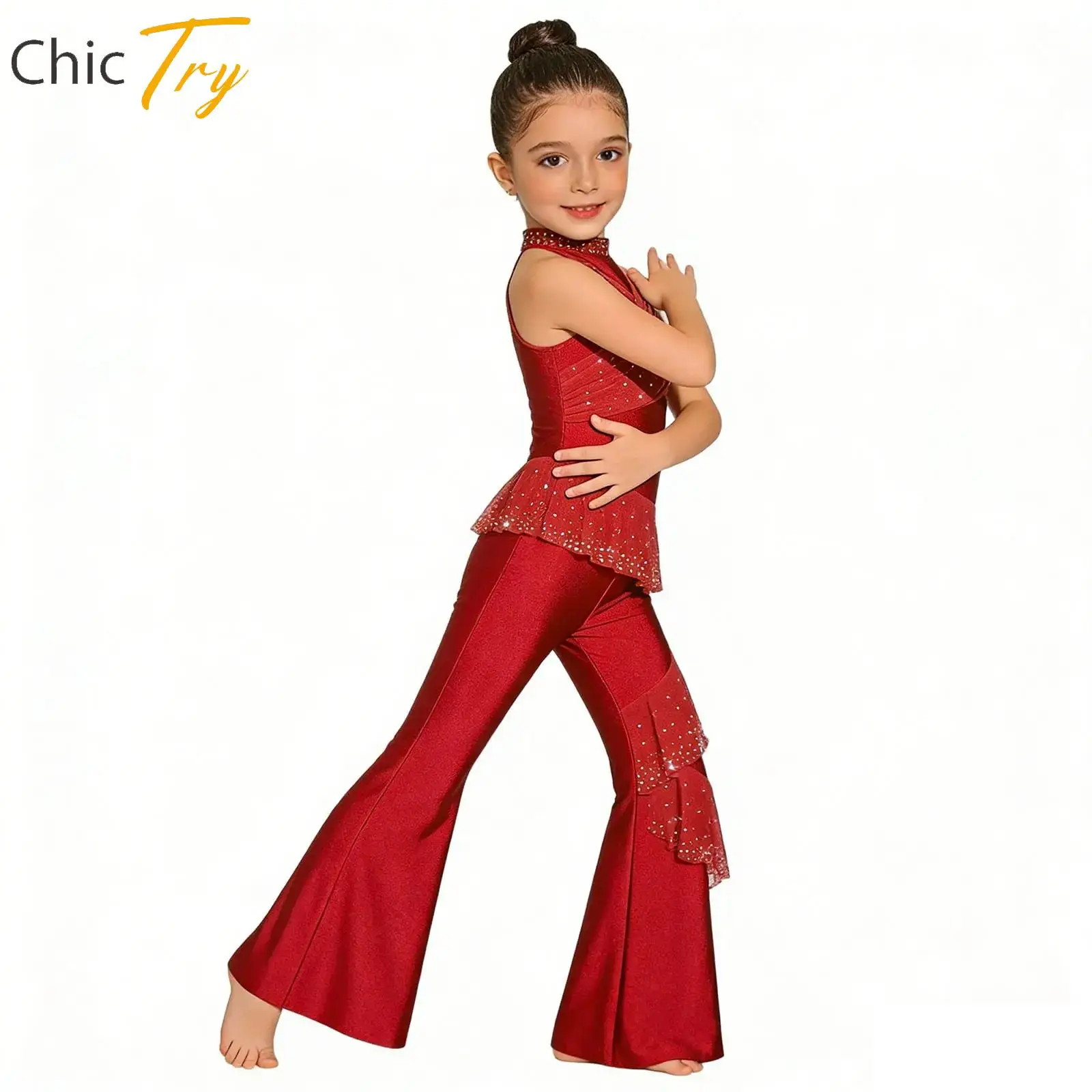 

Child Girls Ruched Athletic Figure Skating Costume Sleeveless Rhinestones Mesh Unitards Bodysuit Jumpsuit for Ballet Performance