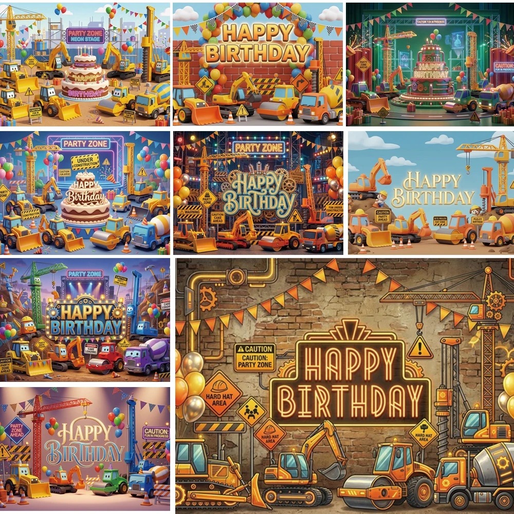 

MOON.QG Rustic Construction Birthday Photographic Background Crane Truck Sign Backdrop Child Shooting Props Poster Photocall