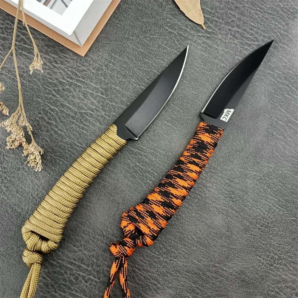 Mini Fixed Blade Knife 440C Blade Nylon Rope Handle Outdoor Camping Fishing Hiking Self-defense Multitool with Kydex Sheath