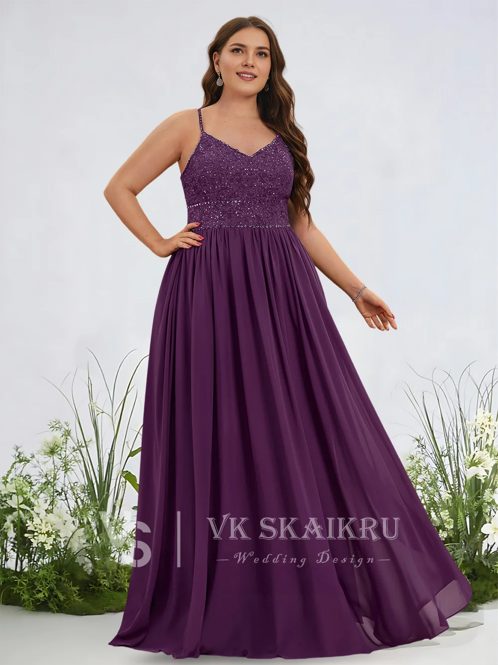 

A Ethereal A-Line Bridesmaid Dresses Frosted Lilac V-Neck Floor-Length Chiffon Lace Garden Gala Wedding Party Beading Sequins