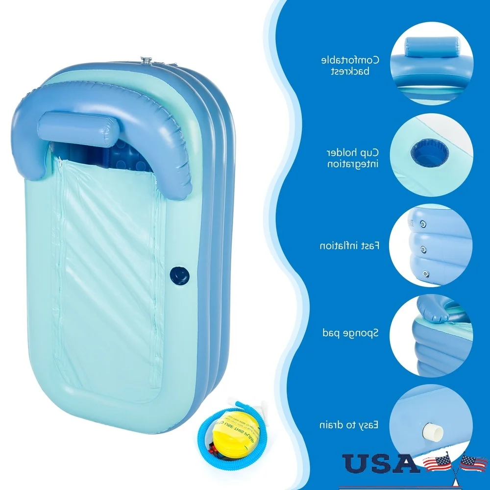 

63" Inflatable Hot Tub PVC Foldable Bathtub with Cup Holder Foot Pump Detachable Cover Adults Kids Outdoor Spa Relaxation