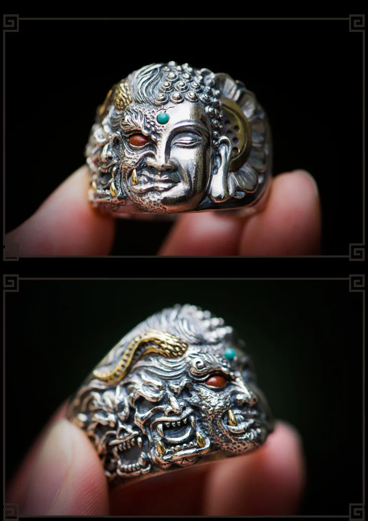 Half-Devil Half-Buddha Thai Silver Ring Personalized Vintage Open Rings