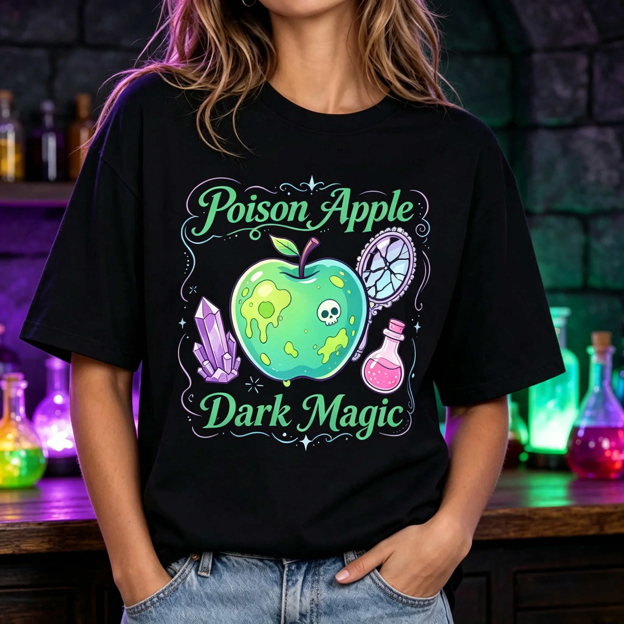 Women's Dark Magic Green Apple Graphic T-Shirt, Cute Witchy Fruit Crystal Potion Mirror Gothic Art Casual Short Sleeve Tee