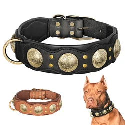 Durable Leather Dog Collar Cool Spiked Studded Collars for Medium Large Dogs Genuine Leather Pet Collar Pitbull  Bulldog Brown