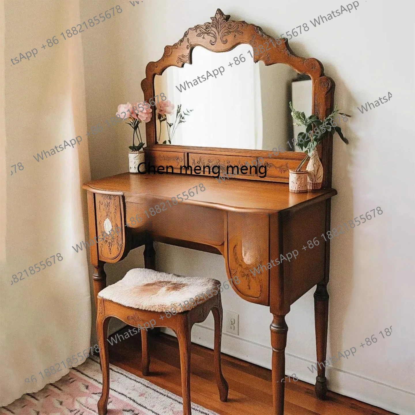 

French retro solid wood carving flower dresser American retro makeup table bedroom makeup table