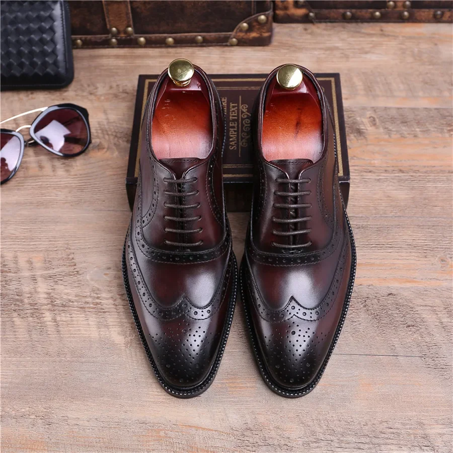 Fashion Brown tan/ black Goodyear Welt shoes oxfords mens business shoes genuine leather dress shoes mens wedding shoes