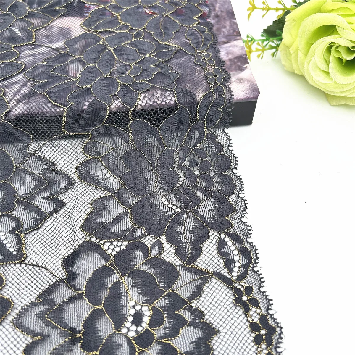 3y/lot Width 21cm Dark Grey Gold Elastic Lace Trim For Lingerie Sewing Craft DIY Apparel Fabric Lace Wedding Garment Accessory